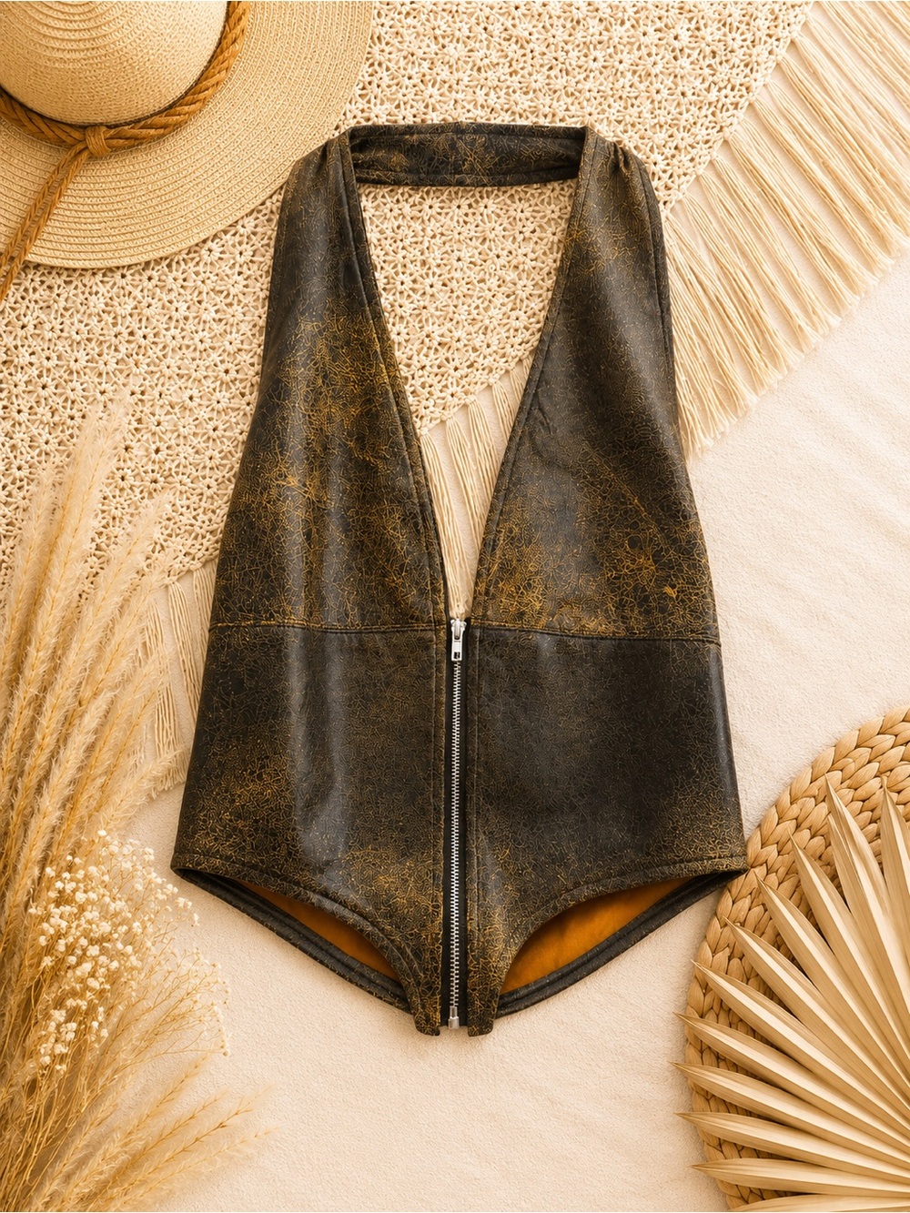 Fashion Nova Distressed Black and Brownish Zip-Front Crop Top
